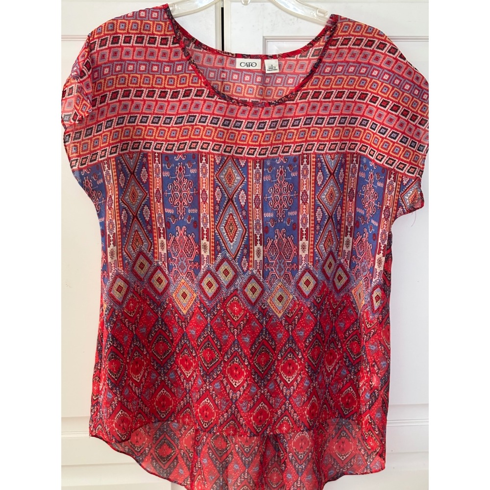 Cato Red Blue Geometric Tribal Print Sheer High Low Blouse Small